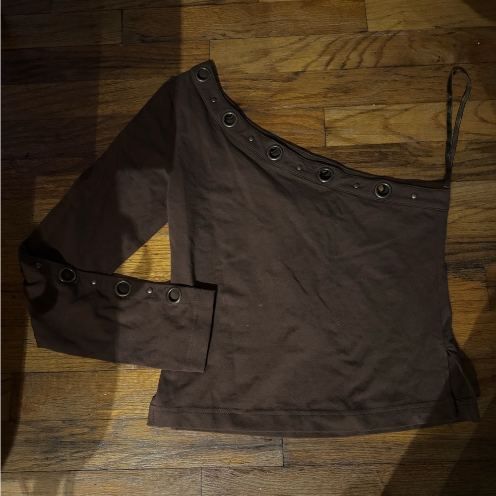 Jordache Brown One-Shoulder Blouse with Grommet Accents